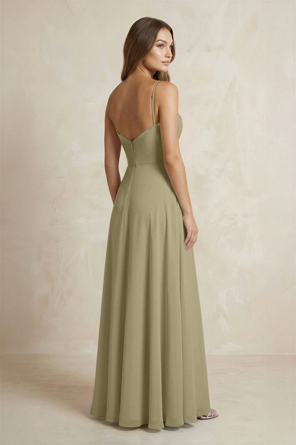 A - Line Cami Strap Chiffon Bridesmaid Dress With Slit in Thyme - KissProm Bridesmaid Dresses