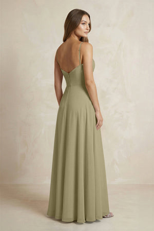 A - Line Cami Strap Chiffon Bridesmaid Dress With Slit in Thyme - KissProm Bridesmaid Dresses