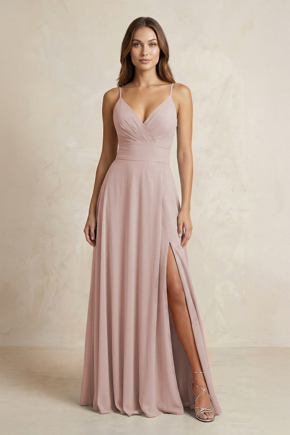 A - Line Cami Strap Chiffon Bridesmaid Dress With Slit in Toffee - KissProm Bridesmaid Dresses