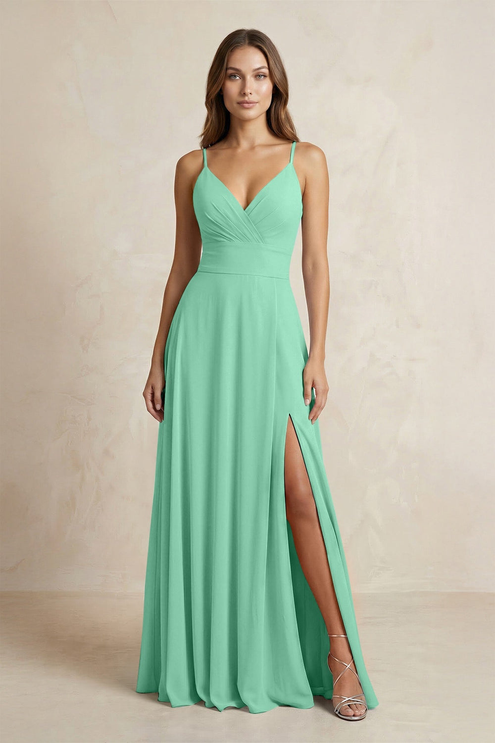 A - Line Cami Strap Chiffon Bridesmaid Dress With Slit in Turquoise - KissProm Bridesmaid Dresses