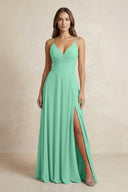 A - Line Cami Strap Chiffon Bridesmaid Dress With Slit in Turquoise - KissProm Bridesmaid Dresses