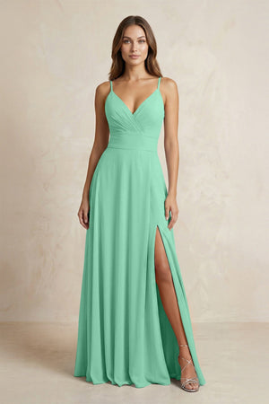A - Line Cami Strap Chiffon Bridesmaid Dress With Slit in Turquoise - KissProm Bridesmaid Dresses