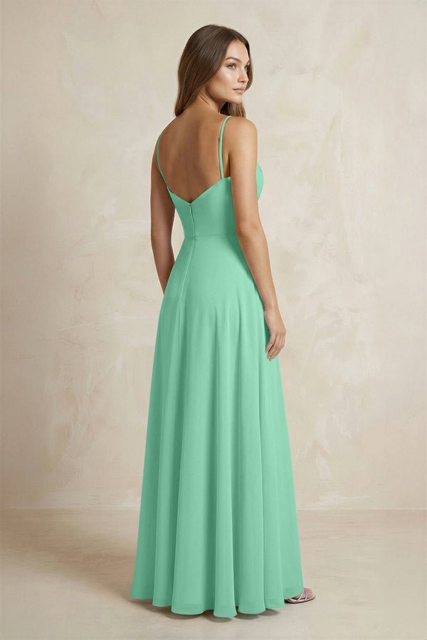 A - Line Cami Strap Chiffon Bridesmaid Dress With Slit in Turquoise - KissProm Bridesmaid Dresses