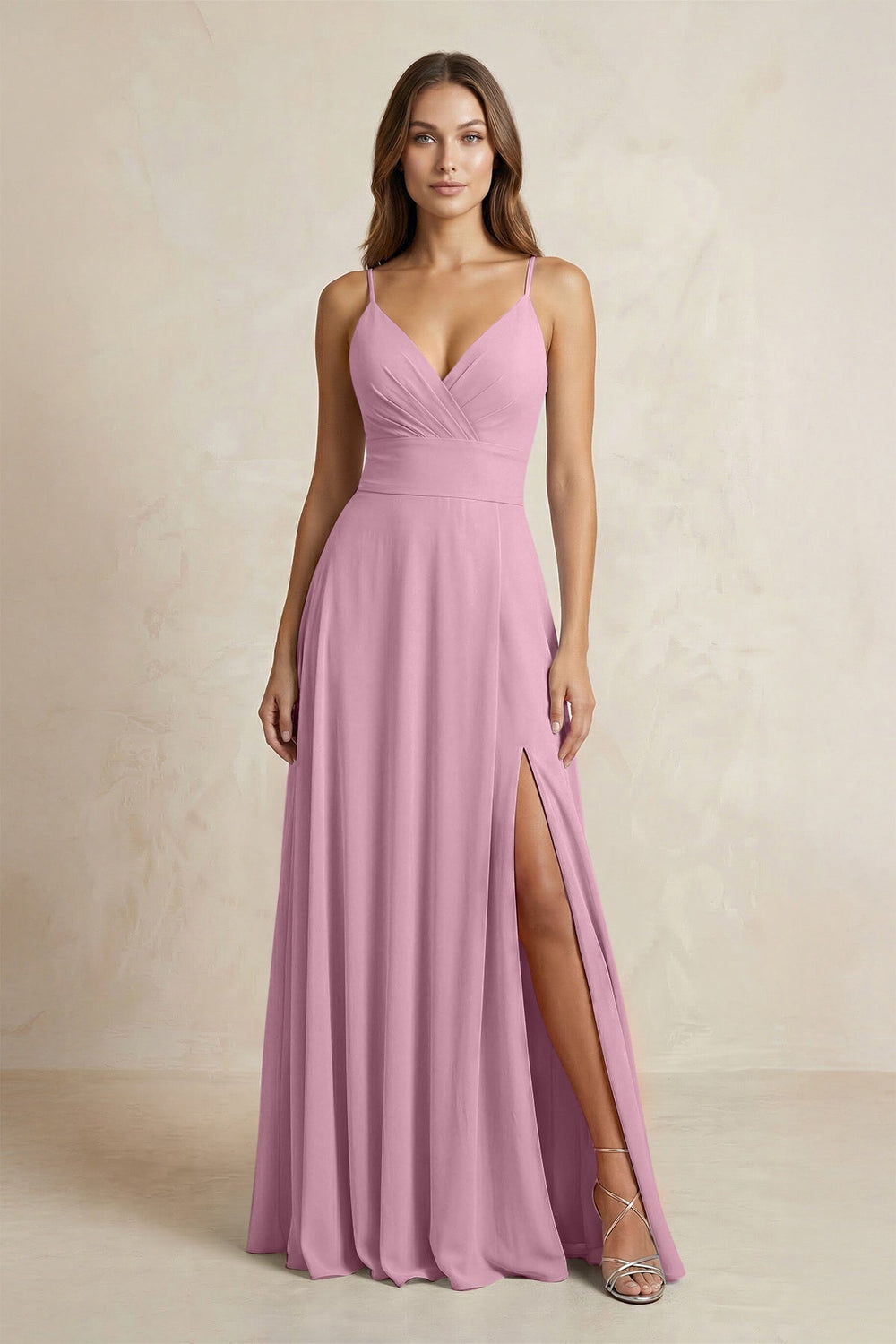 A - Line Cami Strap Chiffon Bridesmaid Dress With Slit in Vintage Mauve - KissProm Bridesmaid Dresses