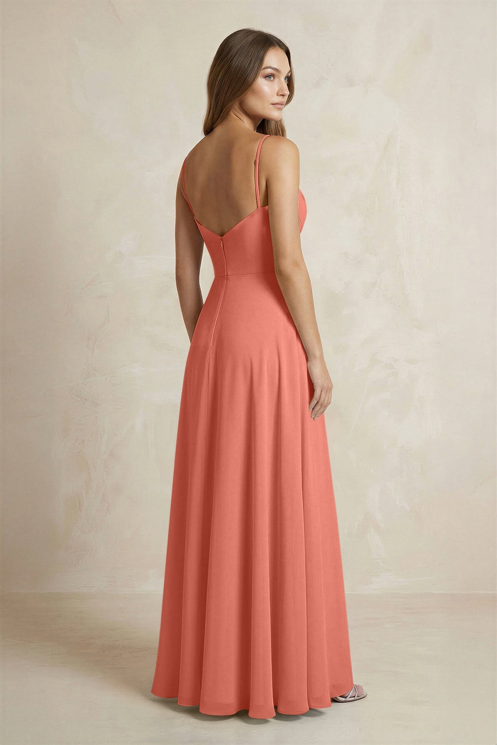 A - Line Cami Strap Chiffon Bridesmaid Dress With Slit in Wild Rose - KissProm Bridesmaid Dresses