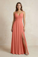 A - Line Cami Strap Chiffon Bridesmaid Dress With Slit in Wild Rose - KissProm Bridesmaid Dresses