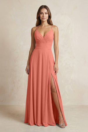 A - Line Cami Strap Chiffon Bridesmaid Dress With Slit in Wild Rose - KissProm Bridesmaid Dresses