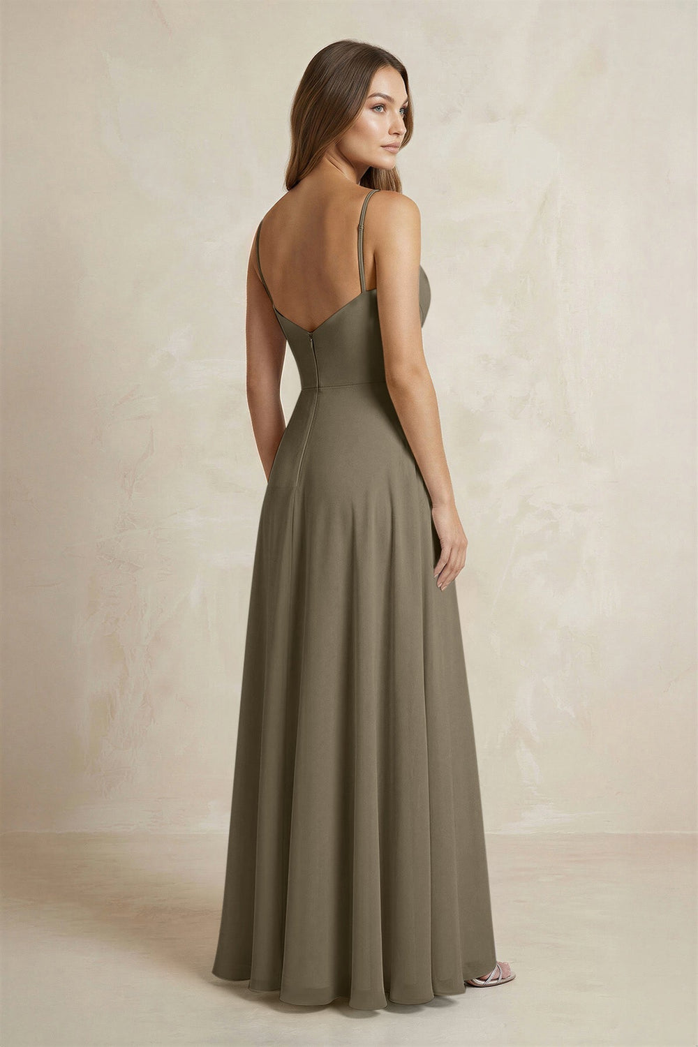 A - Line Cami Strap Chiffon Bridesmaid Dress With Slit in Willow Green - KissProm Bridesmaid Dresses