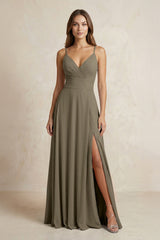 A - Line Cami Strap Chiffon Bridesmaid Dress With Slit in Willow Green - KissProm Bridesmaid Dresses