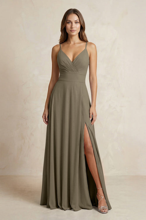 A - Line Cami Strap Chiffon Bridesmaid Dress With Slit in Willow Green - KissProm Bridesmaid Dresses