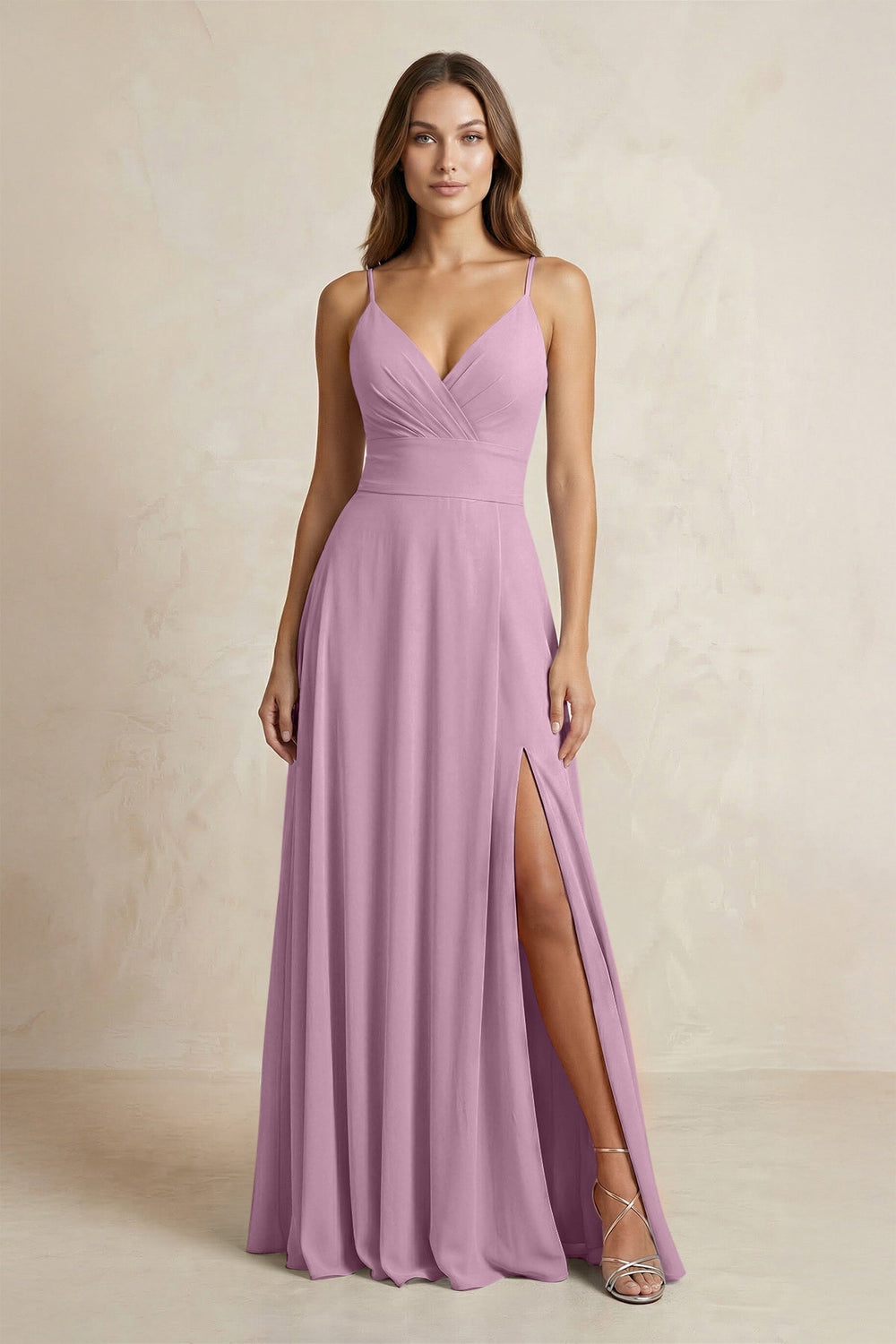 A - Line Cami Strap Chiffon Bridesmaid Dress With Slit in Wisteria - KissProm Bridesmaid Dresses