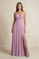 A - Line Cami Strap Chiffon Bridesmaid Dress With Slit in Wisteria - KissProm Bridesmaid Dresses