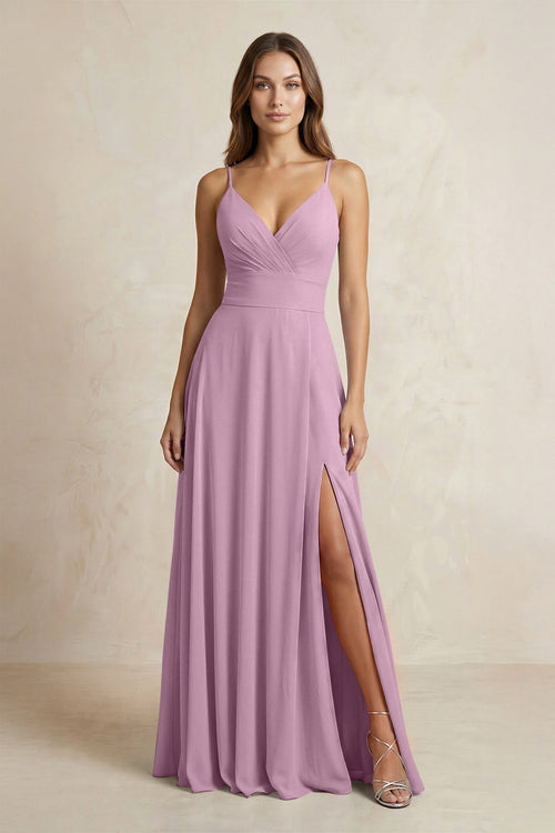 A - Line Cami Strap Chiffon Bridesmaid Dress With Slit in Wisteria - KissProm Bridesmaid Dresses