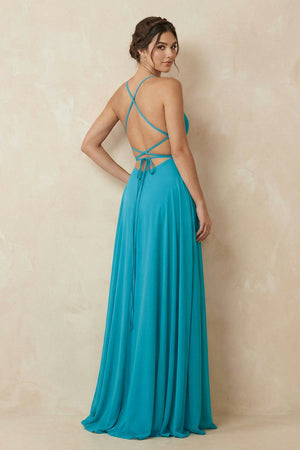 A-Line Chiffon Bridesmaid Dress in Dark Teal With Slit - KissProm BRIDESMAID DRESSES