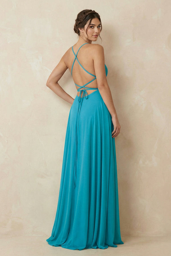 A-Line Chiffon Bridesmaid Dress in Dark Teal With Slit - KissProm BRIDESMAID DRESSES