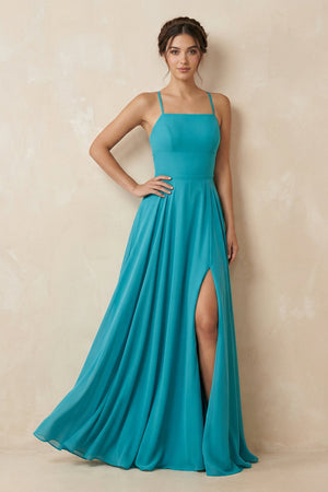 A-Line Chiffon Bridesmaid Dress in Dark Teal With Slit - KissProm BRIDESMAID DRESSES
