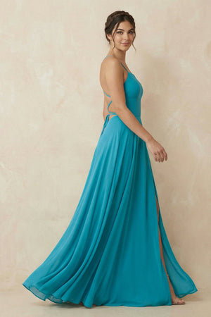 A-Line Chiffon Bridesmaid Dress in Dark Teal With Slit - KissProm BRIDESMAID DRESSES