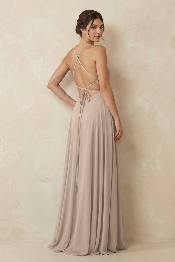 A - Line Chiffon Bridesmaid Dress With Slit in Almond - KissProm Bridesmaid Dresses