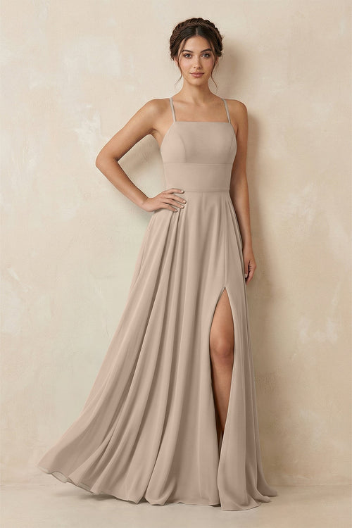 A - Line Chiffon Bridesmaid Dress With Slit in Almond - KissProm Bridesmaid Dresses