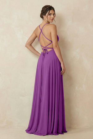 A - Line Chiffon Bridesmaid Dress With Slit in Amethyst - KissProm Bridesmaid Dresses