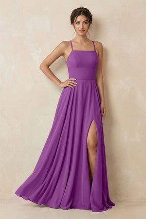 A - Line Chiffon Bridesmaid Dress With Slit in Amethyst - KissProm Bridesmaid Dresses