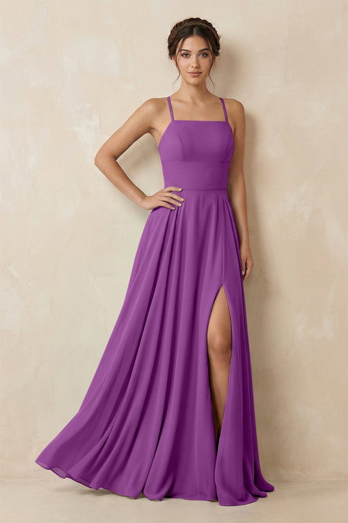 A - Line Chiffon Bridesmaid Dress With Slit in Amethyst - KissProm Bridesmaid Dresses