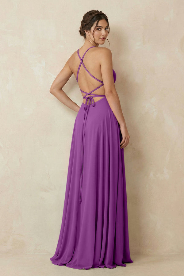 A - Line Chiffon Bridesmaid Dress With Slit in Amethyst - KissProm Bridesmaid Dresses