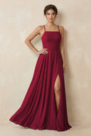 A - Line Chiffon Bridesmaid Dress With Slit in Berry - KissProm Bridesmaid Dresses