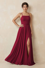 A - Line Chiffon Bridesmaid Dress With Slit in Berry - KissProm Bridesmaid Dresses