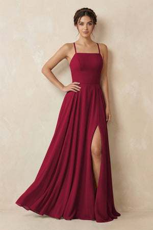 A - Line Chiffon Bridesmaid Dress With Slit in Berry - KissProm Bridesmaid Dresses