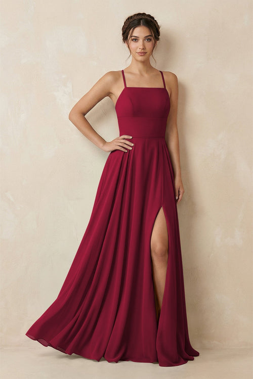 A - Line Chiffon Bridesmaid Dress With Slit in Berry - KissProm Bridesmaid Dresses