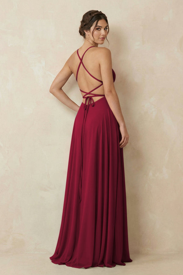 A - Line Chiffon Bridesmaid Dress With Slit in Berry - KissProm Bridesmaid Dresses