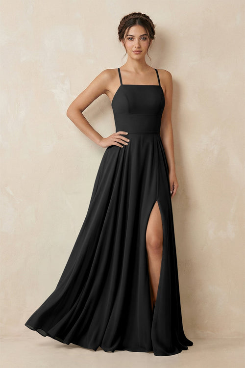 A - Line Chiffon Bridesmaid Dress With Slit in Black - KissProm Bridesmaid Dresses
