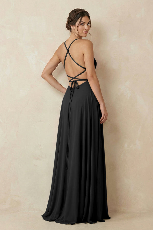 A - Line Chiffon Bridesmaid Dress With Slit in Black - KissProm Bridesmaid Dresses