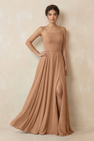 A - Line Chiffon Bridesmaid Dress With Slit in Bronzer - KissProm Bridesmaid Dresses