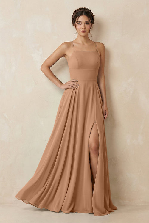 A - Line Chiffon Bridesmaid Dress With Slit in Bronzer - KissProm Bridesmaid Dresses