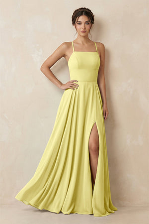 A - Line Chiffon Bridesmaid Dress With Slit in Buttercup - KissProm Bridesmaid Dresses