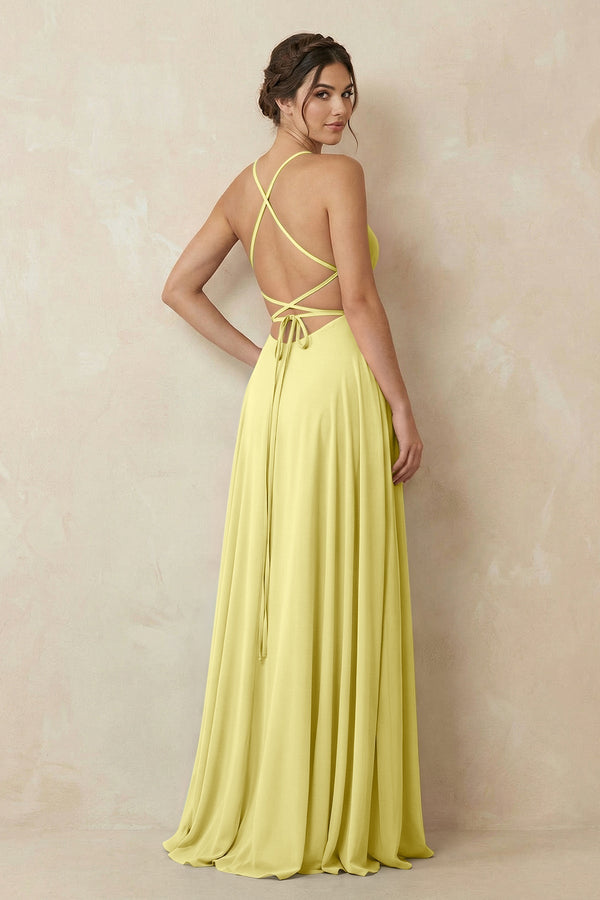 A - Line Chiffon Bridesmaid Dress With Slit in Buttercup - KissProm Bridesmaid Dresses