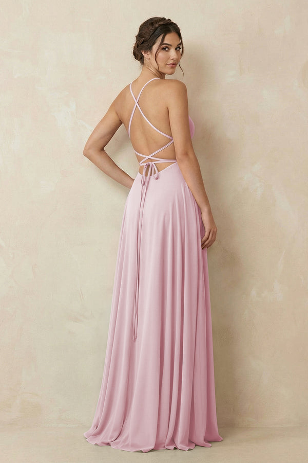 A - Line Chiffon Bridesmaid Dress With Slit in Candy Pink - KissProm Bridesmaid Dresses