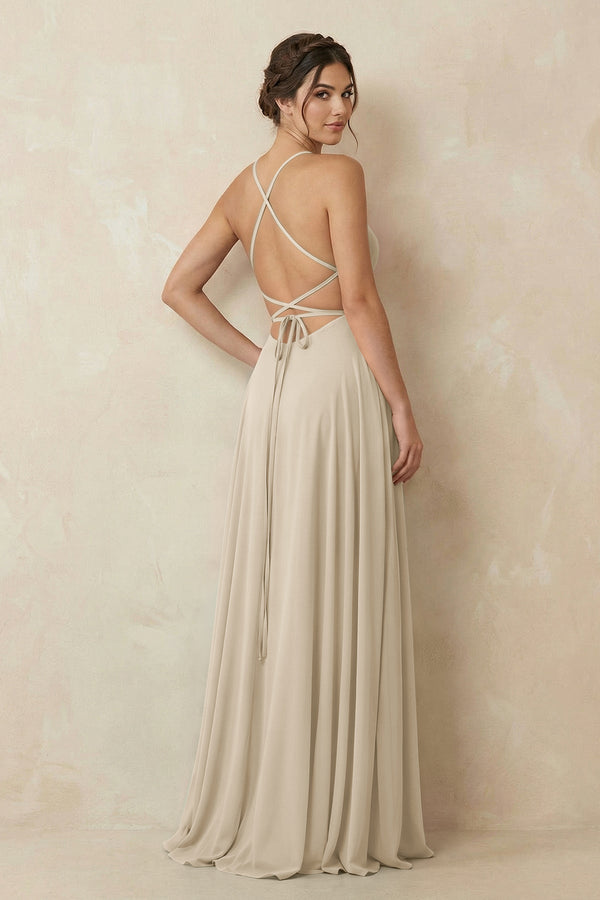 A - Line Chiffon Bridesmaid Dress With Slit in Champagne - KissProm Bridesmaid Dresses