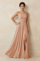 A - Line Chiffon Bridesmaid Dress With Slit in Champagne Rose - KissProm Bridesmaid Dresses