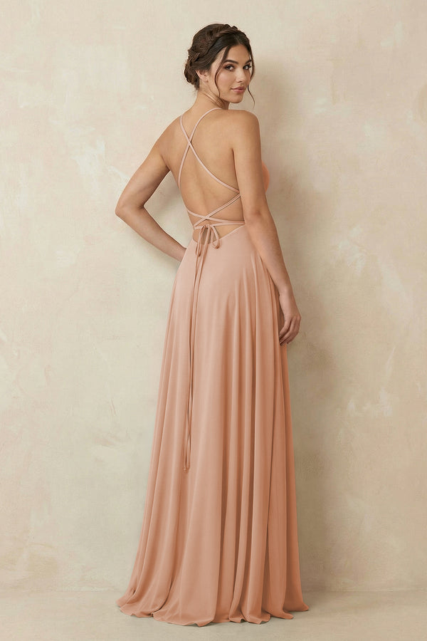 A - Line Chiffon Bridesmaid Dress With Slit in Champagne Rose - KissProm Bridesmaid Dresses