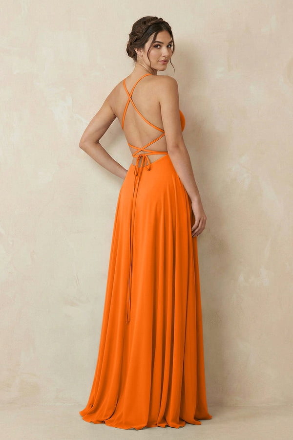 A - Line Chiffon Bridesmaid Dress With Slit in Cinnamon - KissProm Bridesmaid Dresses