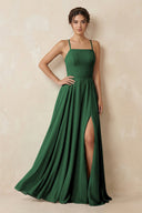 A - Line Chiffon Bridesmaid Dress With Slit in Dark Green - KissProm Bridesmaid Dresses