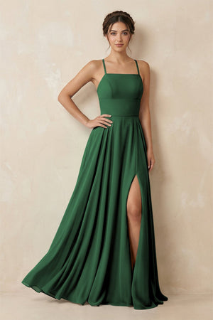 A - Line Chiffon Bridesmaid Dress With Slit in Dark Green - KissProm Bridesmaid Dresses