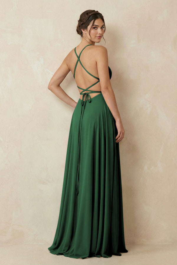 A - Line Chiffon Bridesmaid Dress With Slit in Dark Green - KissProm Bridesmaid Dresses