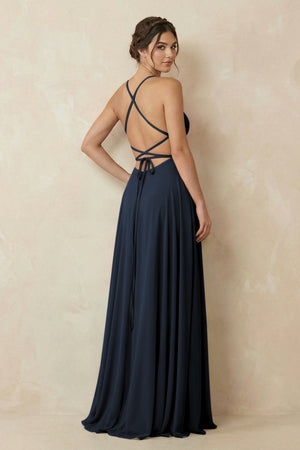 A - Line Chiffon Bridesmaid Dress With Slit in Dark Navy - KissProm Bridesmaid Dresses