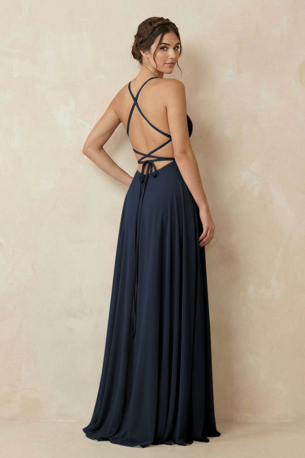 A - Line Chiffon Bridesmaid Dress With Slit in Dark Navy - KissProm Bridesmaid Dresses