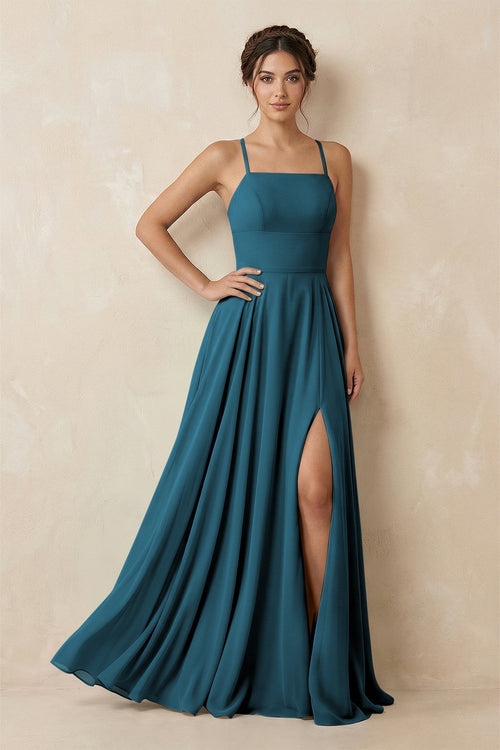 A - Line Chiffon Bridesmaid Dress With Slit in Dark Teal - KissProm Bridesmaid Dresses