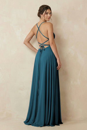 A - Line Chiffon Bridesmaid Dress With Slit in Dark Teal - KissProm Bridesmaid Dresses